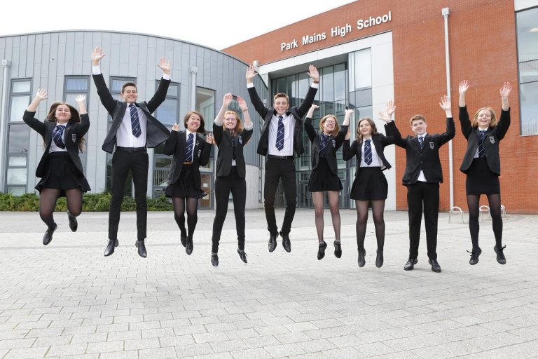 park mains high school entrance and pupils jumping 768x512