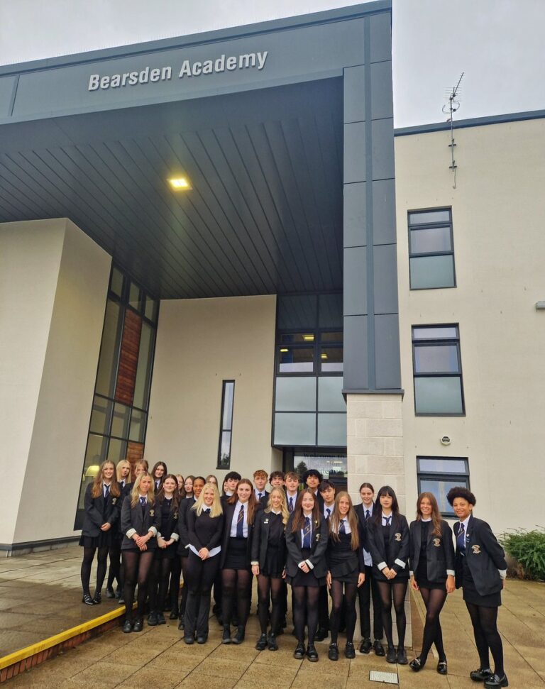 bearsden academy building with pupils 768x971