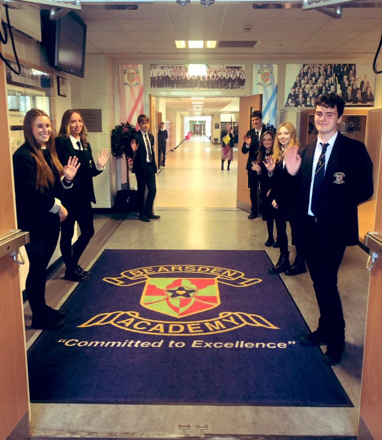 bearsden academy entrance and students 768x884
